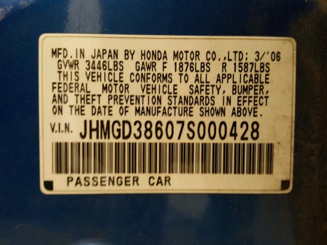 JHMGD38607S000428 - 2007 HONDA FIT S 蓝色 照片 10