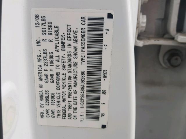 1HGCP26469A082680 - 2009 HONDA ACCORD LXP WHITE photo 10