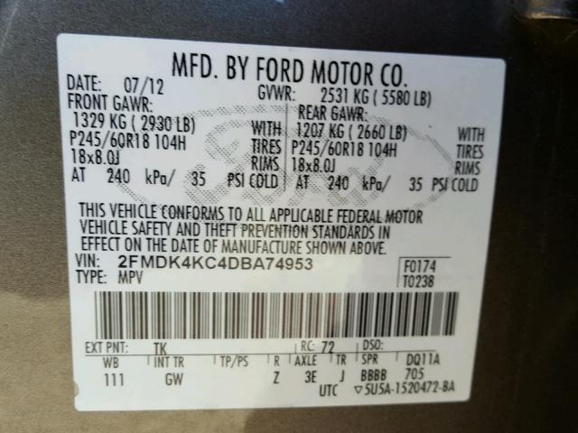 2FMDK4KC4DBA74953 - 2013 FORD EDGE LIMIT CHARCOAL photo 10