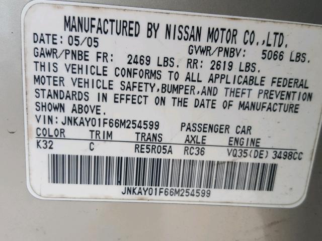 JNKAY01F66M254599 - 2006 INFINITI M35 BASE TAN photo 10