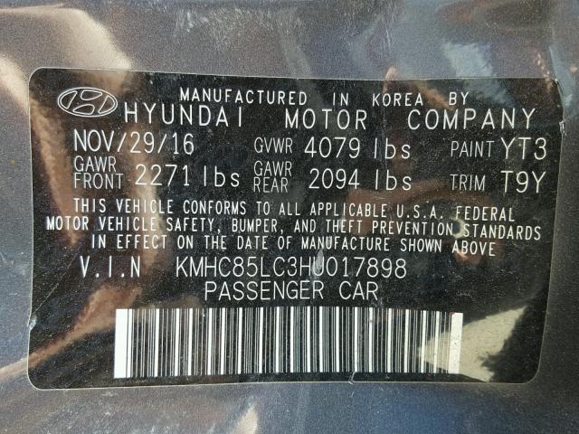 KMHC85LC3HU017898 - 2017 HYUNDAI IONIQ LIMI CHARCOAL photo 10