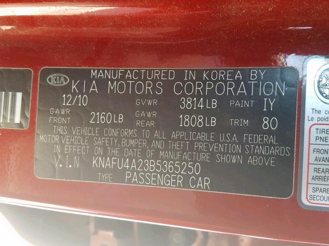 KNAFU4A23B5365250 - 2011 KIA FORTE EX RED photo 10