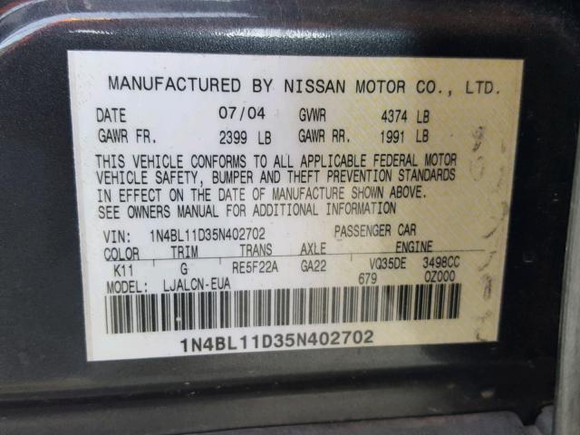 1N4BL11D35N402702 - 2005 NISSAN ALTIMA SE GRAY photo 10