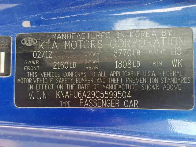 KNAFU6A29C5599504 - 2012 KIA FORTE EX BLUE photo 10