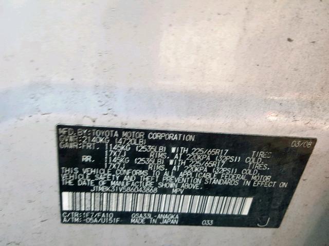 JTMBK31V586043868 - 2008 TOYOTA RAV4 LIMIT SILVER photo 10