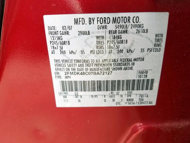 2FMDK48C07BA72127 - 2007 FORD EDGE SEL RED photo 10