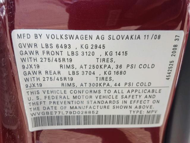 WVGBE77L79D028852 - 2009 VOLKSWAGEN TOUAREG 2 RED photo 10