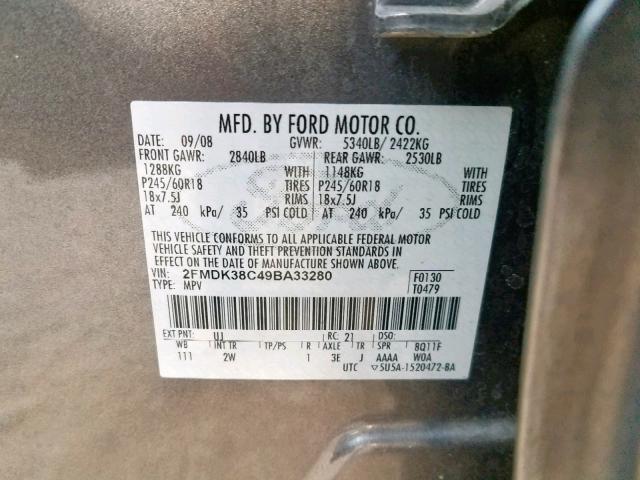 2FMDK38C49BA33280 - 2009 FORD EDGE SEL GRAY photo 10