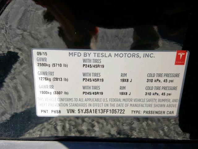 5YJSA1E13FF105722 - 2015 TESLA MODEL S BLACK photo 10