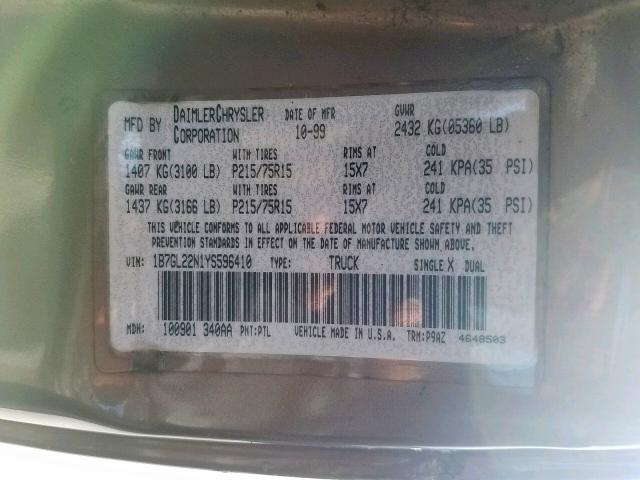 1B7GL22N1YS596410 - 2000 DODGE DAKOTA GOLD photo 10