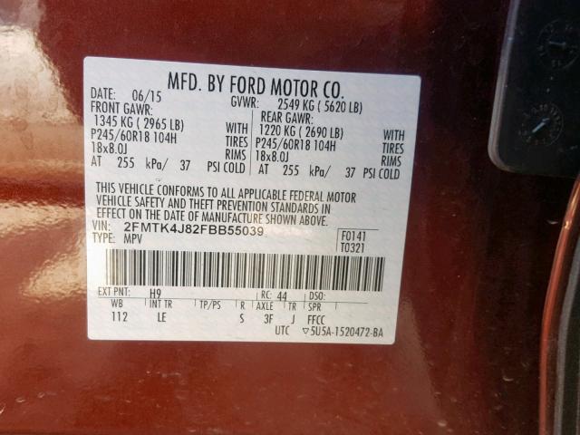 2FMTK4J82FBB55039 - 2015 FORD EDGE SEL MAROON photo 10