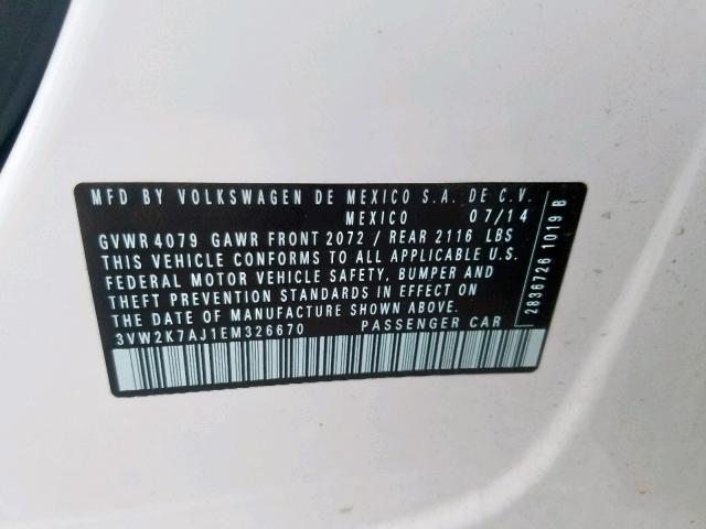 3VW2K7AJ1EM326670 - 2014 VOLKSWAGEN JETTA BASE WHITE photo 10