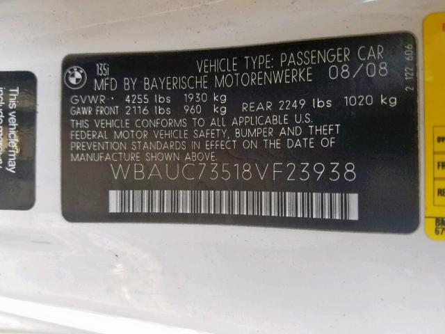 WBAUC73518VF23938 - 2008 BMW 135 I WHITE photo 10