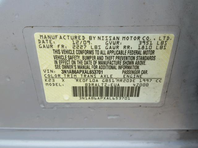 3N1AB6APXAL653701 - 2010 NISSAN SENTRA 2.0 SILVER photo 10