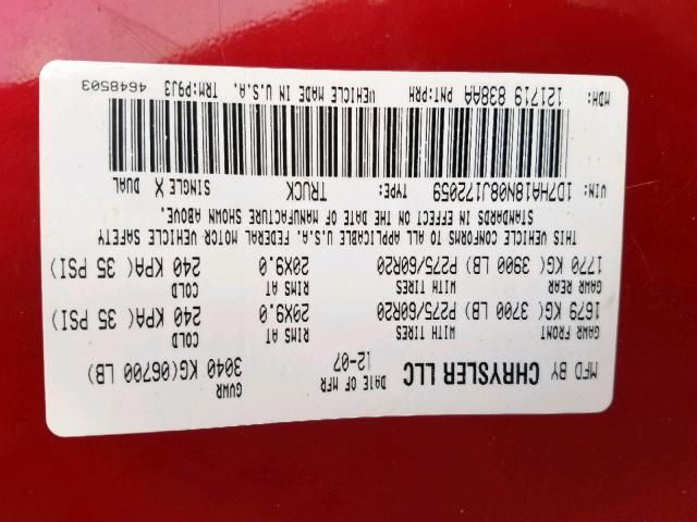 1D7HA18N08J172059 - 2008 DODGE RAM 1500 S RED photo 10