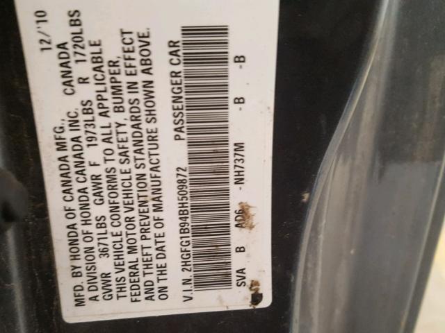 2HGFG1B94BH509872 - 2011 HONDA CIVIC EXL 灰色 照片 10