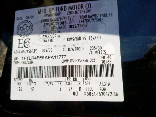 1FTLR4FE9APA11777 - 2010 FORD RANGER SUP BLACK photo 10