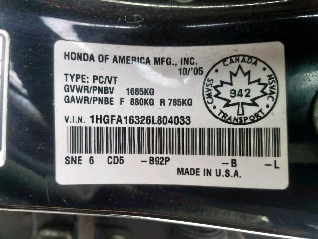 1HGFA16326L804033 - 2006 HONDA CIVIC DX V BLACK photo 10