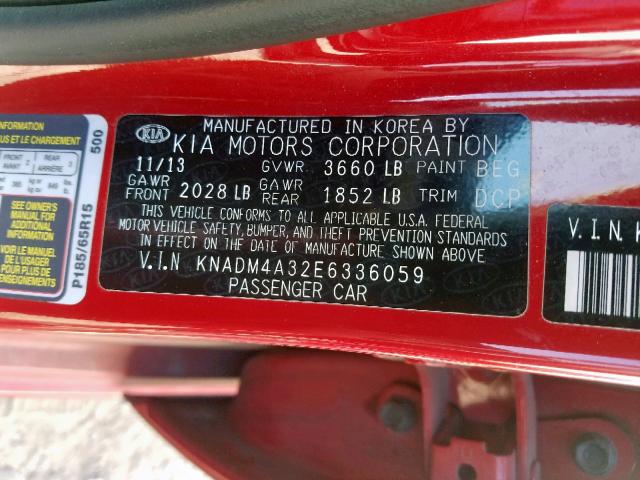 KNADM4A32E6336059 - 2014 KIA RIO LX RED photo 10