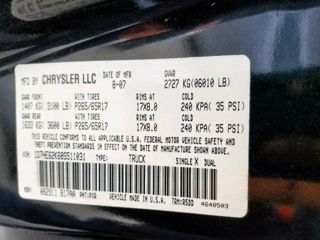 1D7HE62K68S511031 - 2008 DODGE DAKOTA SPO BLACK photo 10