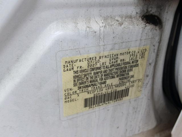 3N1AB6AP6AL718480 - 2010 NISSAN SENTRA 2.0 WHITE photo 10