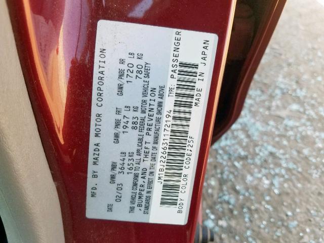 JM1BJ226631172194 - 2003 MAZDA PROTEGE DX RED photo 10