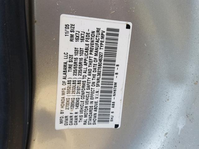 5FNRL38276B046327 - 2006 HONDA ODYSSEY LX SILVER photo 10