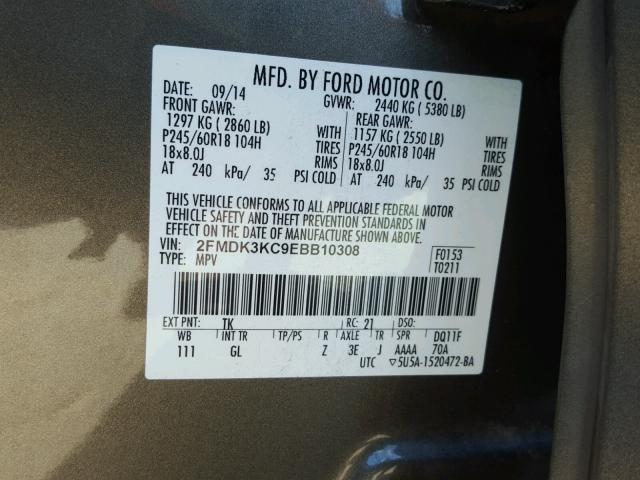 2FMDK3KC9EBB10308 - 2014 FORD EDGE LIMIT BROWN photo 10