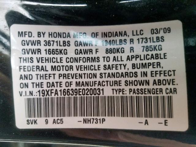 19XFA16639E020031 - 2009 HONDA CIVIC LX-S Qara foto 10