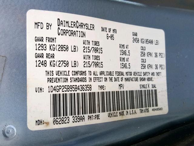 1D4GP25B95B436358 - 2005 DODGE CARAVAN SE BLUE photo 10