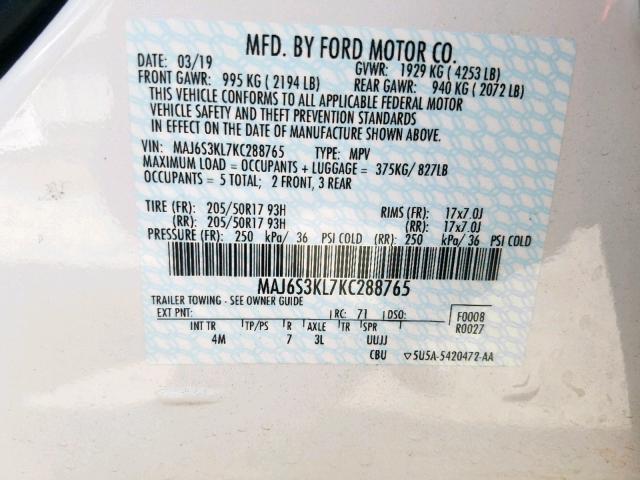 MAJ6S3KL7KC288765 - 2019 FORD ECOSPORT T WHITE photo 10