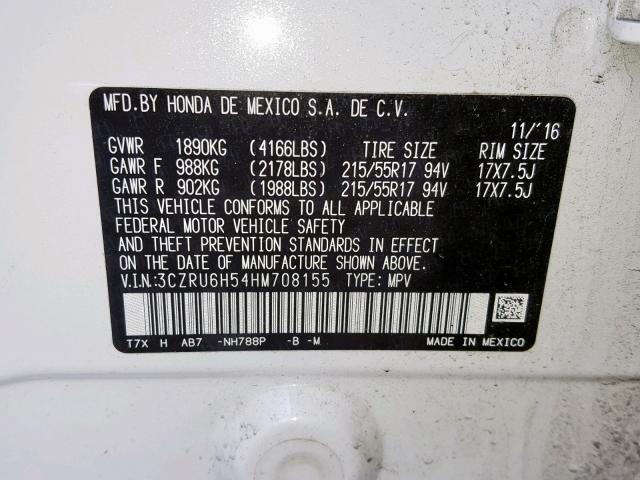 3CZRU6H54HM708155 - 2017 HONDA HR-V EX WHITE photo 10