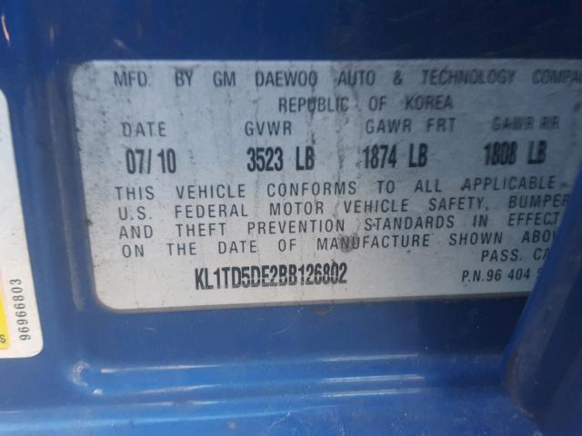 KL1TD5DE2BB126802 - 2011 CHEVROLET AVEO LS BLUE photo 10