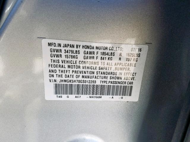 JHMGK5H70GS012203 - 2016 HONDA FIT EX SILVER photo 10