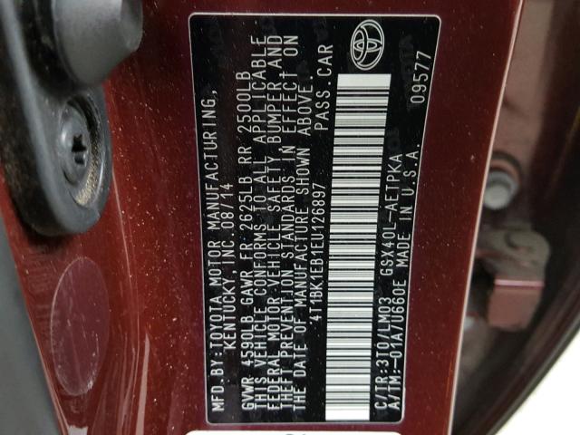 4T1BK1EB1EU126897 - 2014 TOYOTA AVALON BAS MAROON photo 10