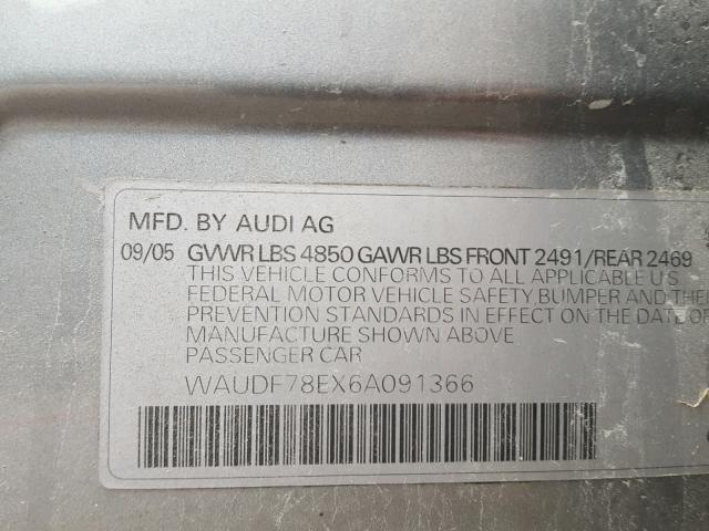 WAUDF78EX6A091366 - 2006 AUDI A4 2.0T QU GRAY photo 10