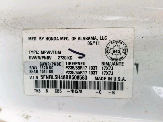 5FNRL5H48BB508563 - 2011 HONDA ODYSSEY EX WHITE photo 10