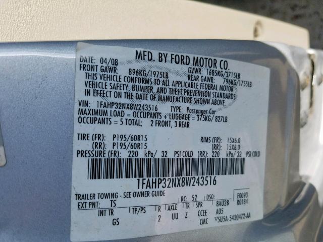 1FAHP32NX8W243516 - 2008 FORD FOCUS S/SE SILVER photo 10