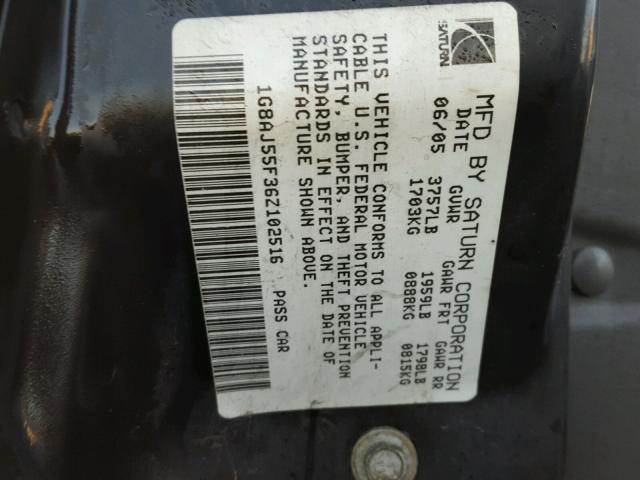 1G8AJ55F36Z102516 - 2006 SATURN ION LEVEL BLACK photo 10