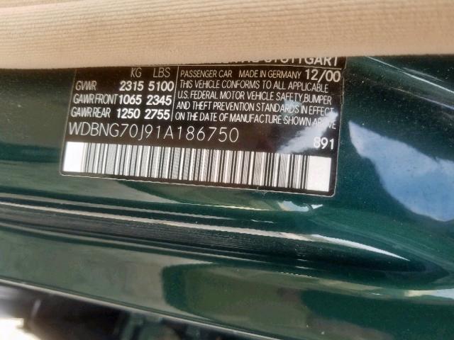 WDBNG70J91A186750 - 2001 MERCEDES-BENZ S 430 GREEN photo 10