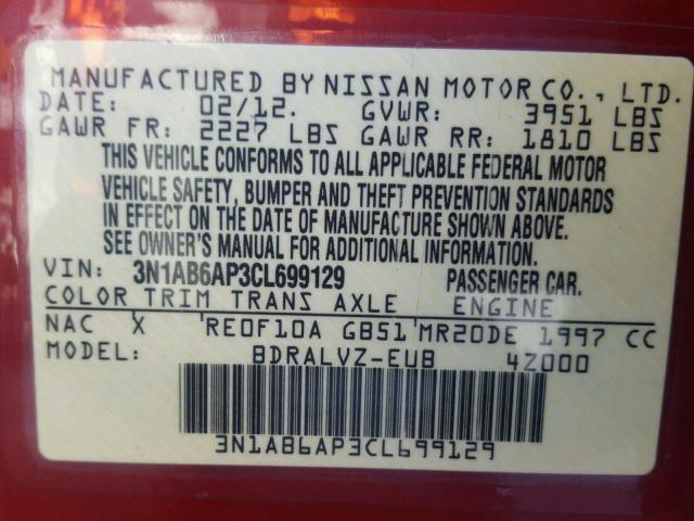 3N1AB6AP3CL699129 - 2012 NISSAN SENTRA 2.0 RED photo 10