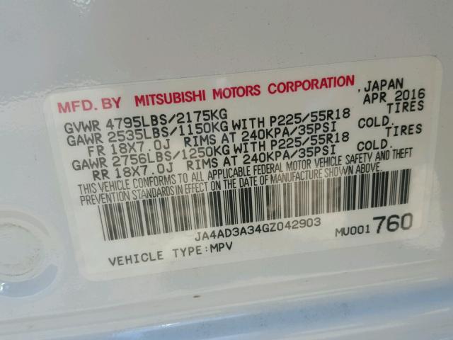 JA4AD3A34GZ042903 - 2016 MITSUBISHI OUTLANDER WHITE photo 10