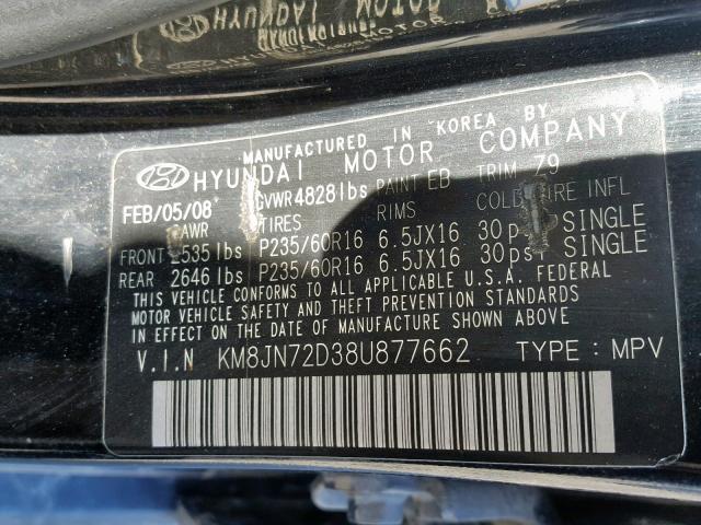 KM8JN72D38U877662 - 2008 HYUNDAI TUCSON SE BLACK photo 10