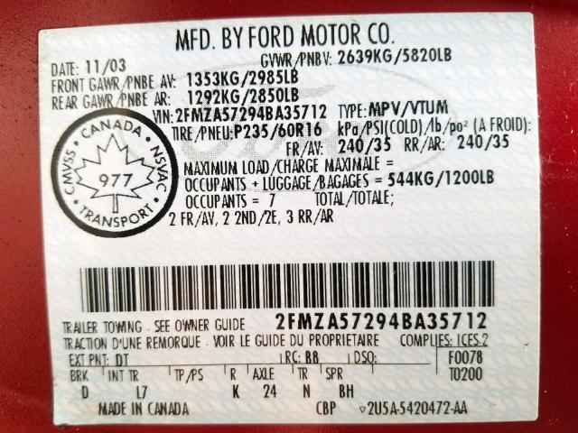 2FMZA57294BA35712 - 2004 FORD FREESTAR S RED photo 10