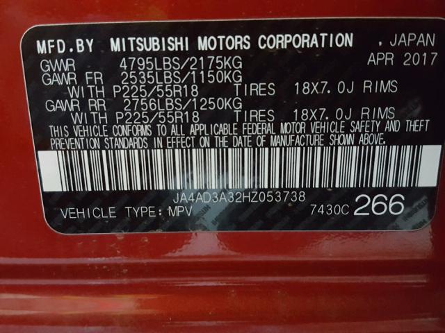 JA4AD3A32HZ053738 - 2017 MITSUBISHI OUTLANDER RED photo 10