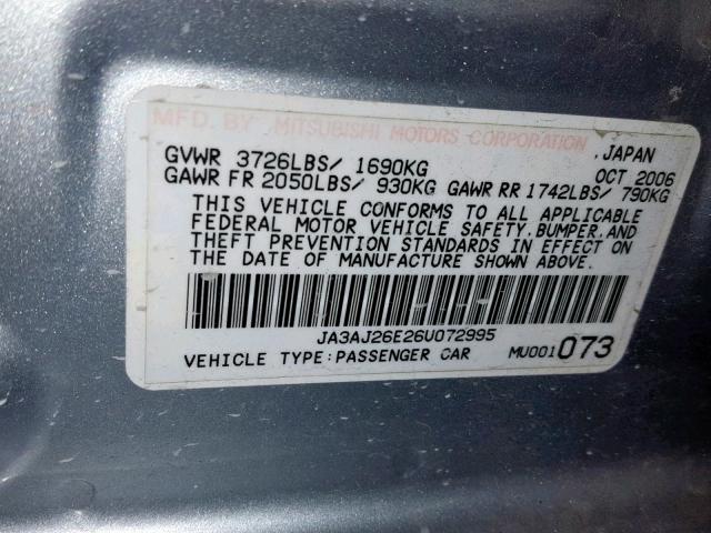 JA3AJ26E26U072995 - 2006 MITSUBISHI LANCER ES SILVER photo 10