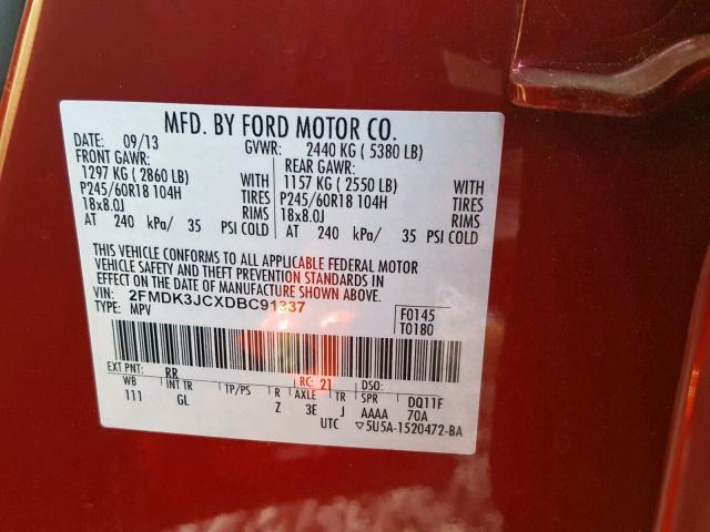 2FMDK3JCXDBC91337 - 2013 FORD EDGE SEL RED photo 10