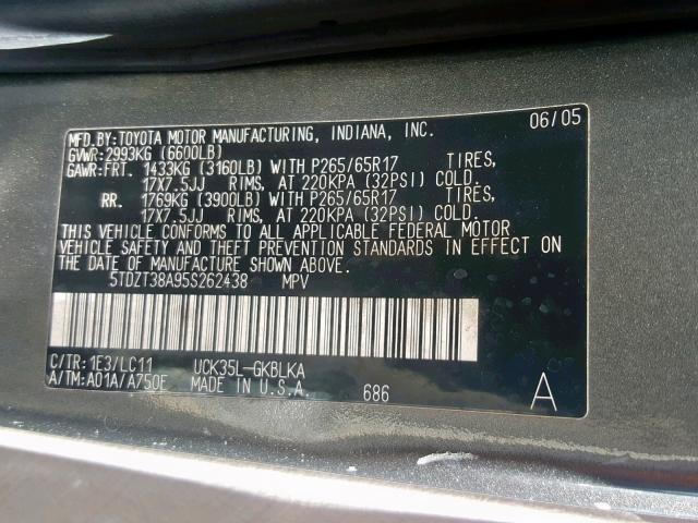 5TDZT38A95S262438 - 2005 TOYOTA SEQUOIA LI GRAY photo 10