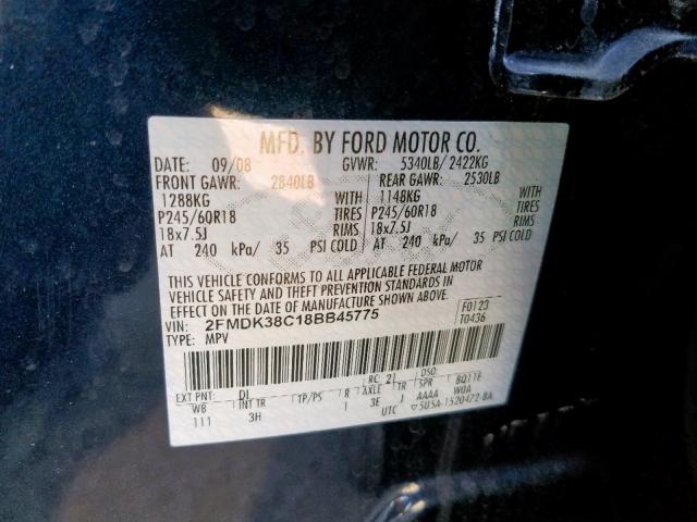 2FMDK38C18BB45775 - 2008 FORD EDGE SEL BLUE photo 10