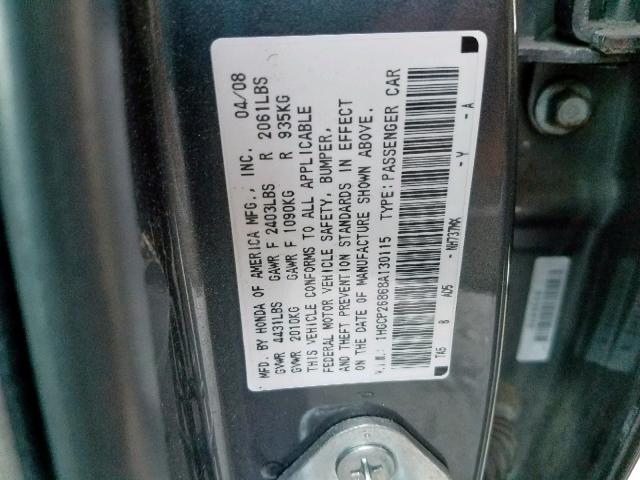 1HGCP26868A130115 - 2008 HONDA ACCORD EXL GRAY photo 10